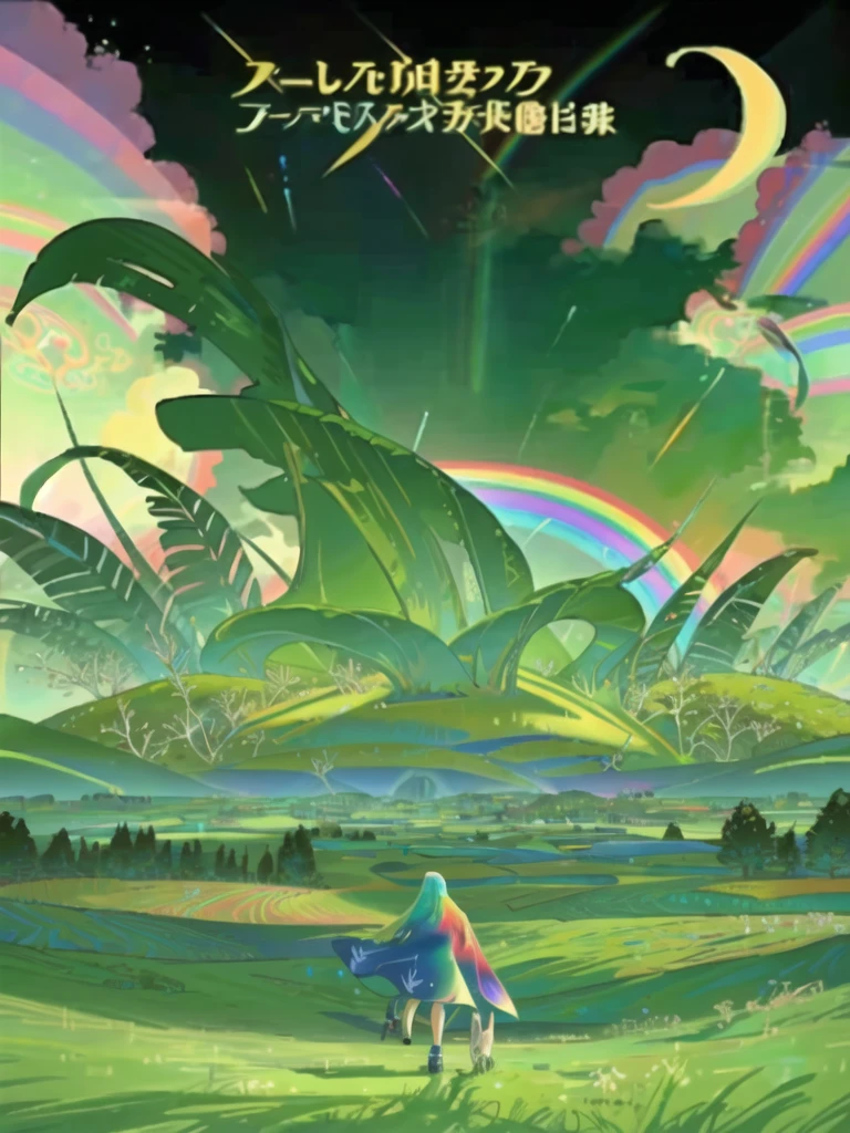 A cartoon illustration of a green landscape with a rainbow and sky, Stills from Rainbow Ophanim, Animation movie stills, Animation stills, Opening, psychedelic landscape, Animation stills, screenshot, An imagined life, Katama, Psychedelic illustration, Intricate rainbow environment, Background artwork, film still from an cartoon, at night