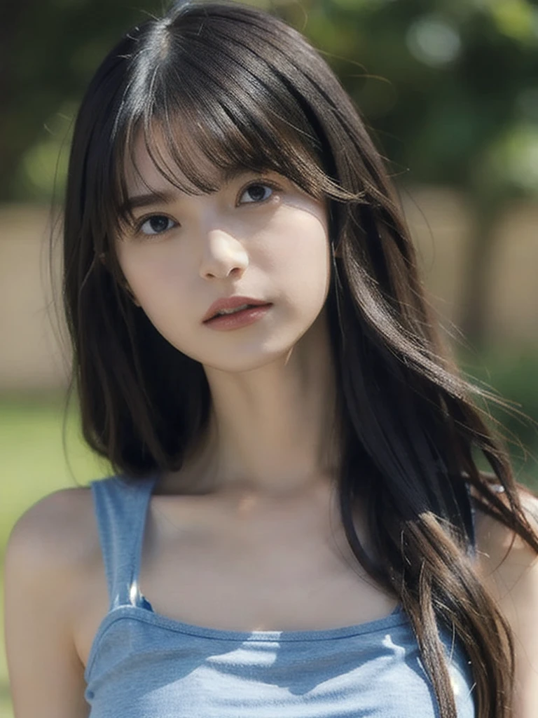 (lifelike, high - resolution:1.3), 1 girl with a perfect body, Super fine face and eyes,slong hair, Tank top of random colors:1.2, short jeans, big boob,Expose cleavage