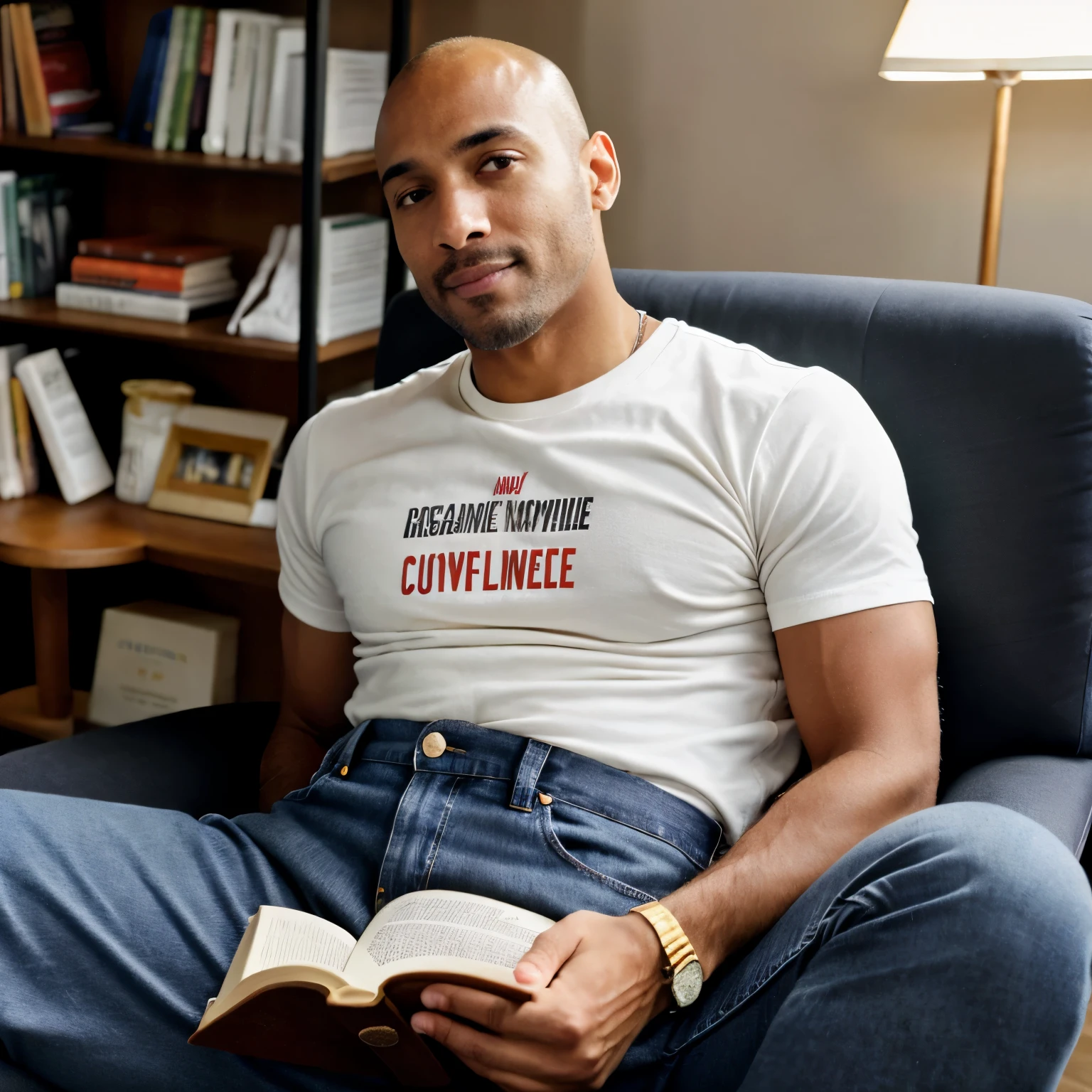 ((melhor qualidade)), ((Obra de arte)), (detalhado), Create a photorealistic, cinematic, high-resolution image of a Black man, bald, without beard around 35 years old, sitting at an office desk in his living room, writing an article. The man has a medium brown skin tone, a friendly smile, dark eyes with well-defined eyebrows, a slightly angular jawline, and visible cheekbones. The living room should have a cozy and organized atmosphere, with elements such as a comfortable chair, bookshelves, and a lamp. The lighting should be warm and natural, highlighting the man's focused expression as he writes on a laptop or notebook, with various office supplies scattered around. Resolução 8k