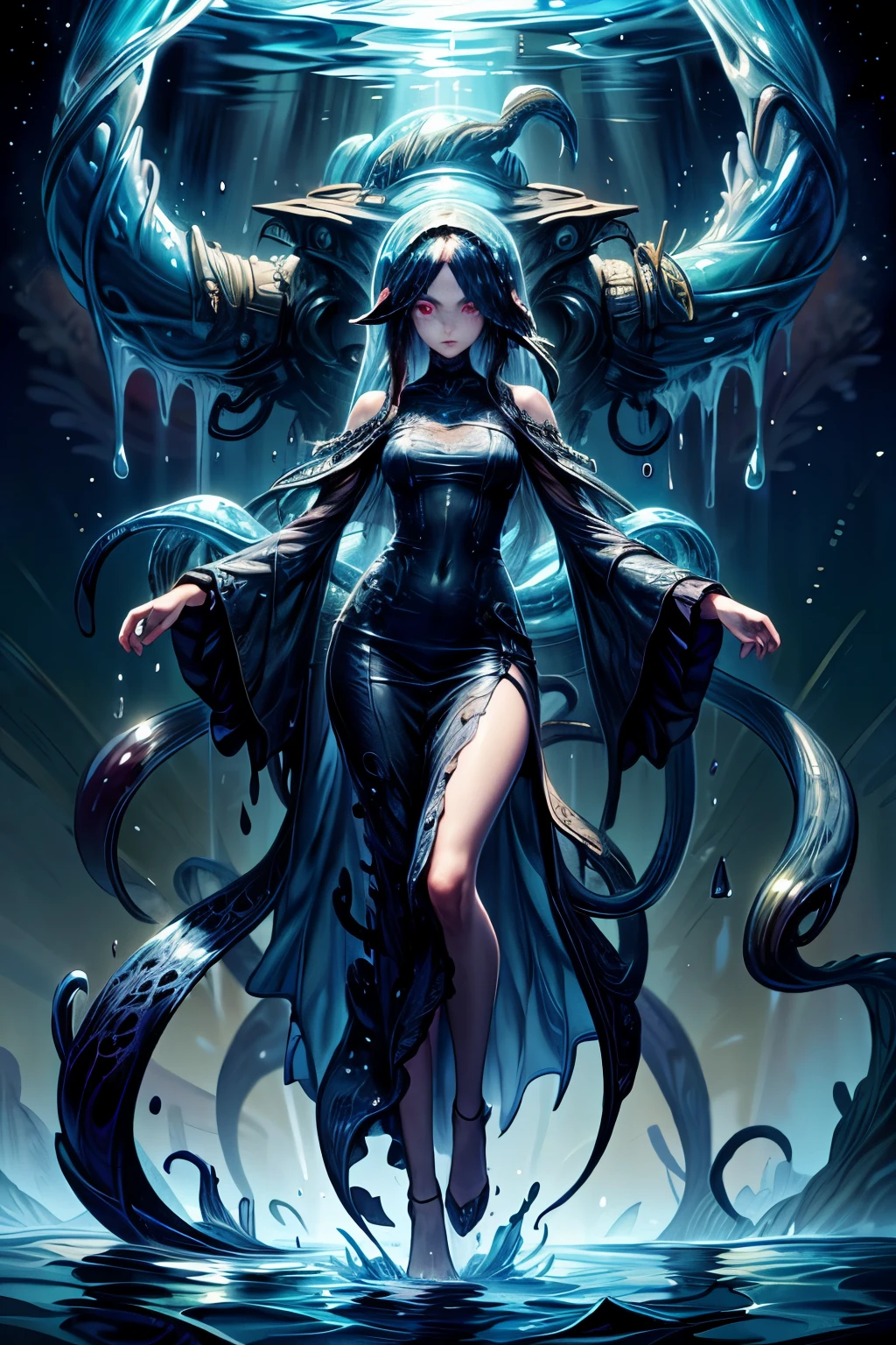 a boy, adult, whith tentacle hair, red eyes, replace the legs with tentacles, full body, (tentacle dress:1.1) long dress, high quality, dark sea 