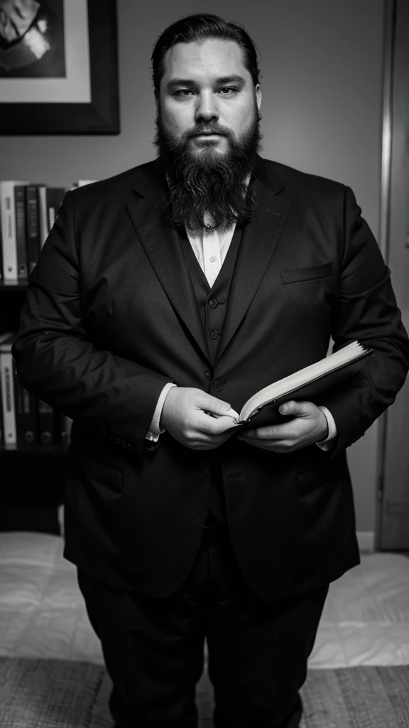 Fat man in suit with beard over 70 years old holding a thick cover book that says constitution of 1917 black and white image 