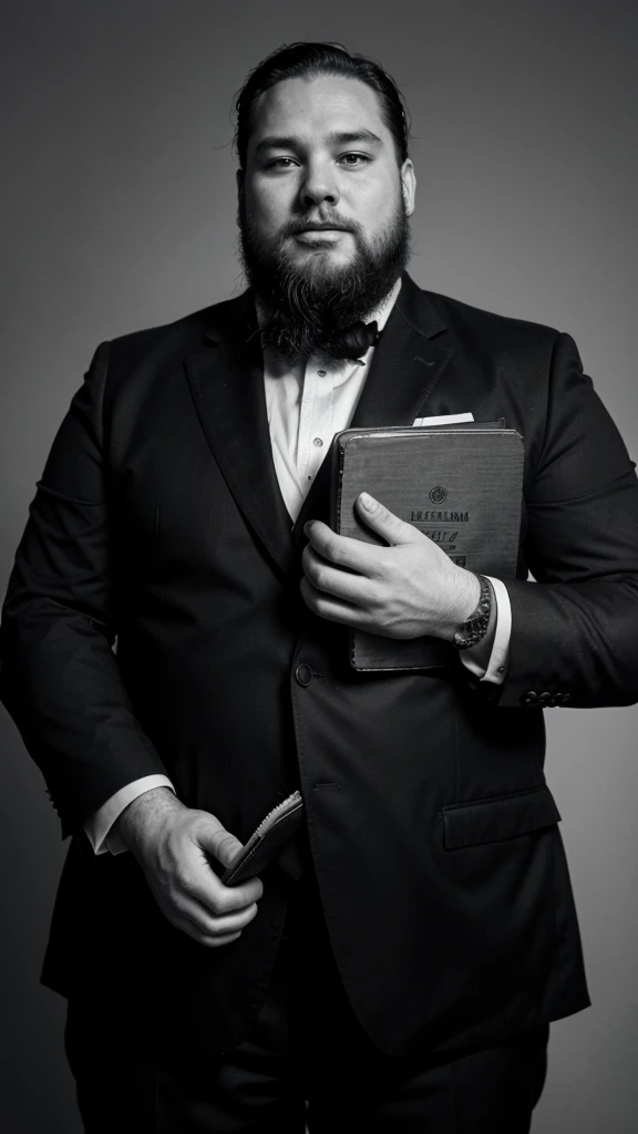 Fat man in suit with beard over 70 years old holding a thick cover book that says constitution of 1917 black and white image 