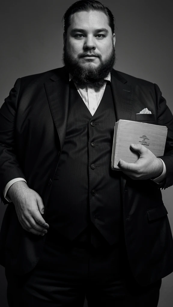 Fat man in suit with beard over 70 years old holding a thick cover book that says constitution of 1917 black and white image