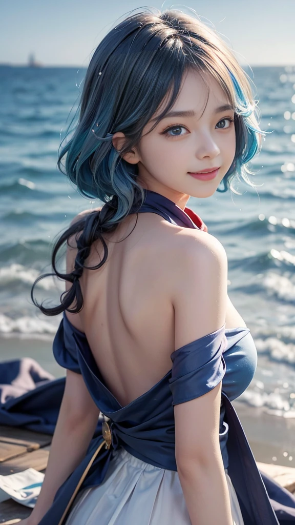 1 ,,Child with big breasts,Back to Camera,Looking Back,Happy smile,Lovely complexion,blue eyes,Blue Hair,curls、Semi-long hair,flat chest,Small Breasts,Cute pink lips,Wear off-the-shoulder shirts,red scarf,Realistic illustration of her face,Realistic fingers,Charming Sketch,Smooth and shiny,hazy,Super Blanket Style,Sea background--ar 1:1--Niji 5--Style Expression--S 50,without make-up,She is so cute even without makeup