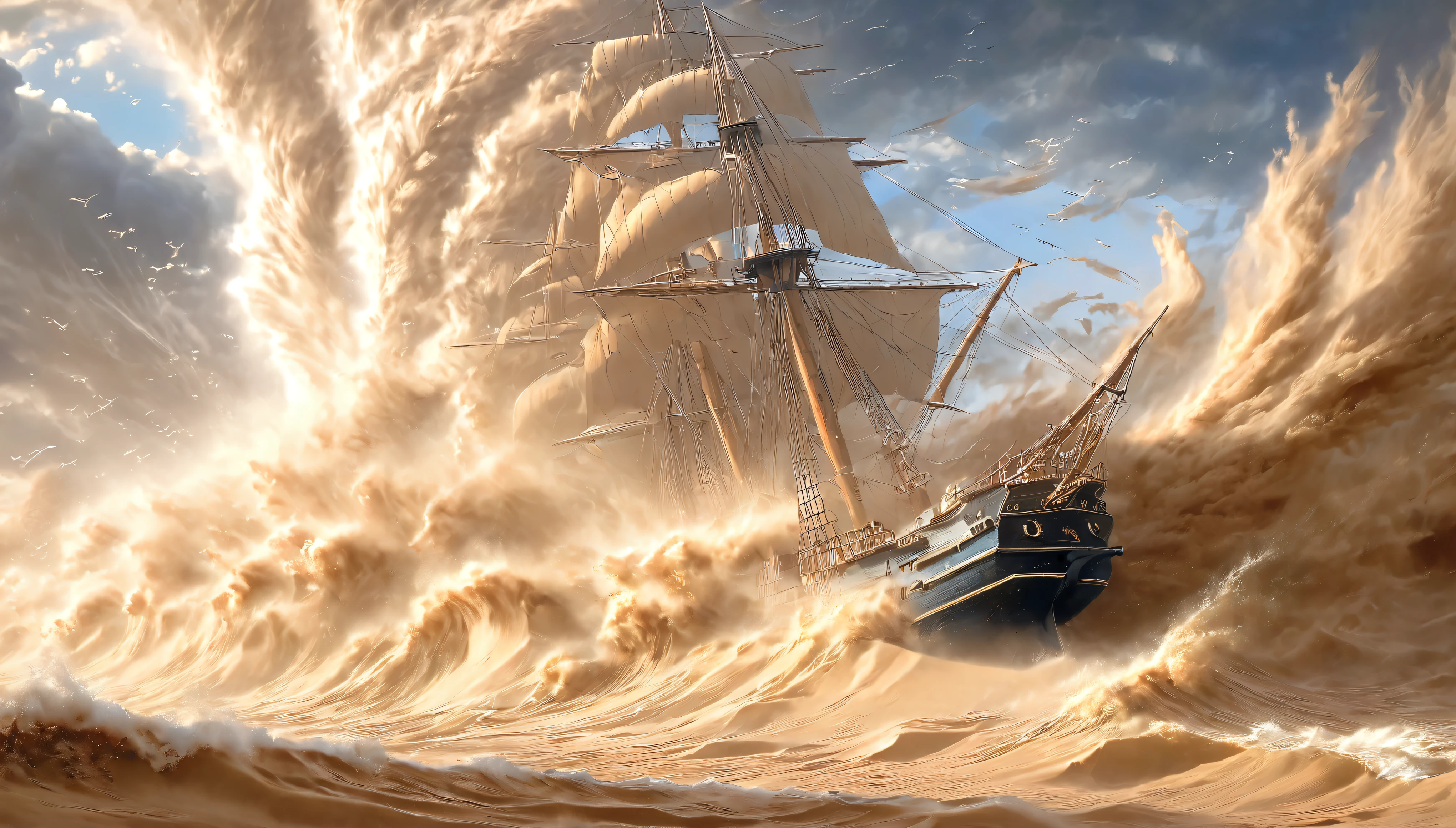 masterpiece, best quality, extremely detailed, hyperrealistic, photorealistic, sea, sand storm, sand tornado, strong wind, ship