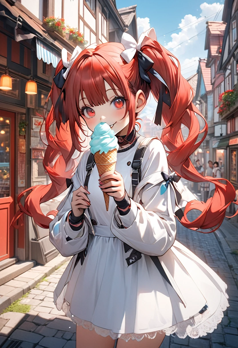 a high quality 8k photo of a beautiful 1 girl robot girl with red hair, twin tails, red eyes, in a scenic town setting, wearing cute red and white clothes, eating ice cream deliciously with ice cream stuck around her mouth, full body view with a smile looking at the camera, highly detailed, intricate details, vibrant colors, natural lighting
