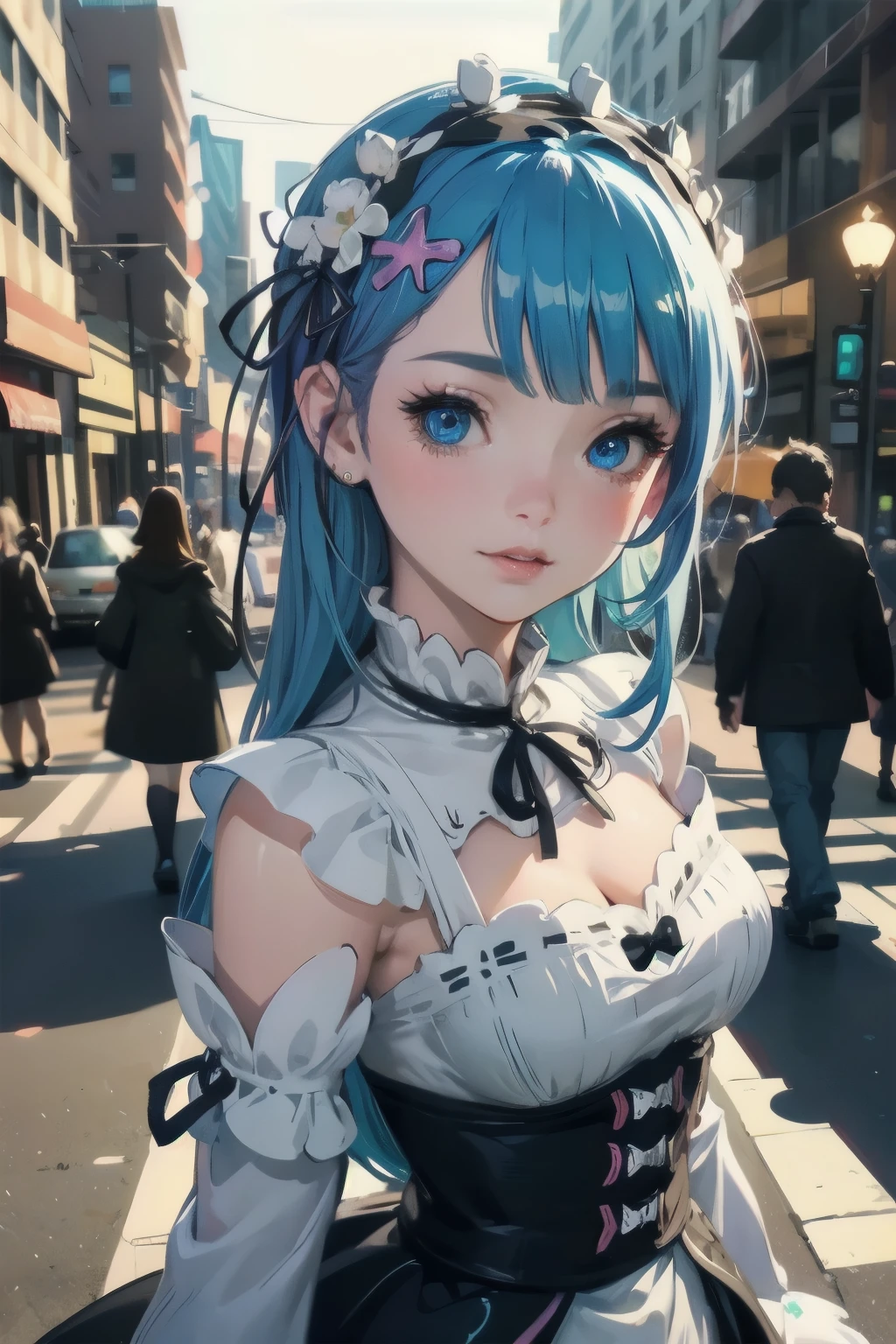 beautiful detailed eyes, beautiful detailed lips, extremely detailed eyes and face, long eyelashes, 1girl, chibi, kawaii, cute, , photo-realistic, hyperrealistic, street fashion, cosplay, rem from re:zero, full body, smiling, fantasy, fantasy art, digital painting, cinematic lighting, dramatic lighting, vibrant colors, highly detailed, sharp focus, volumetric lighting, photorealistic, 8k, best quality, masterpiece