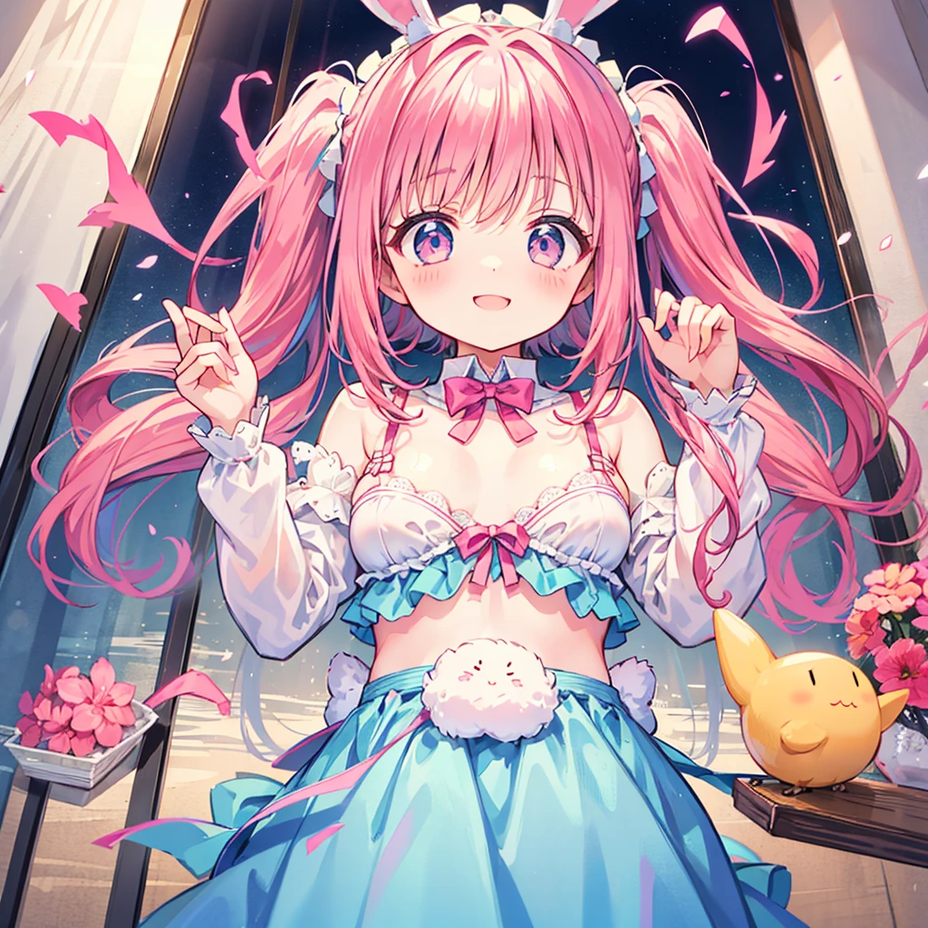 masterpiece, highest quality, Super detailed, figure, azalea, cute, girl, alone, smile, azalea, Pink Hair, Blue hair, Twin tails、Bunny ears、Headdress、Small 、are sticking out of the bra、Nipples、petankko、From below、Dazed face、Fatty face、Peeing、No gaps in the front hair、セックス、真っ裸、マンコ、ワレメ