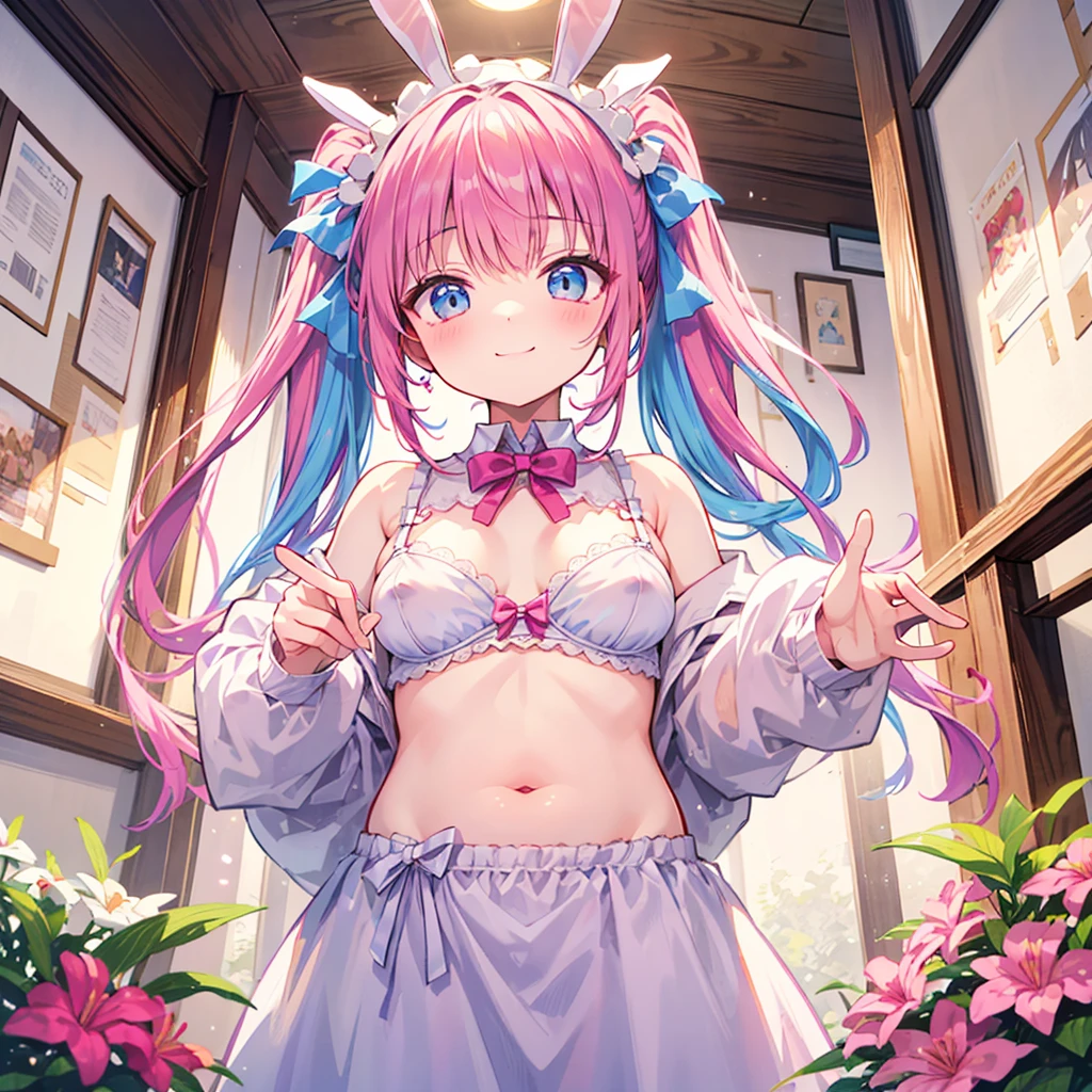 masterpiece, highest quality, Super detailed, figure, azalea, cute, girl, alone, smile, azalea, Pink Hair, Blue hair, Twin tails、Bunny ears、Headdress、Small 、are sticking out of the bra、Nipples、petankko、From below、Dazed face、Fatty face、Peeing、No gaps in the front hair、セックス、真っ裸、マンコ、ワレメ