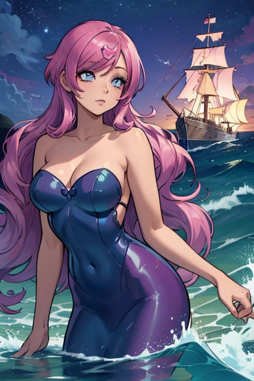 A pink haired female mermaid with violet eyes and an hourglass figure in violet shells and a pink mermaid tail is watching a ship at night in the waves