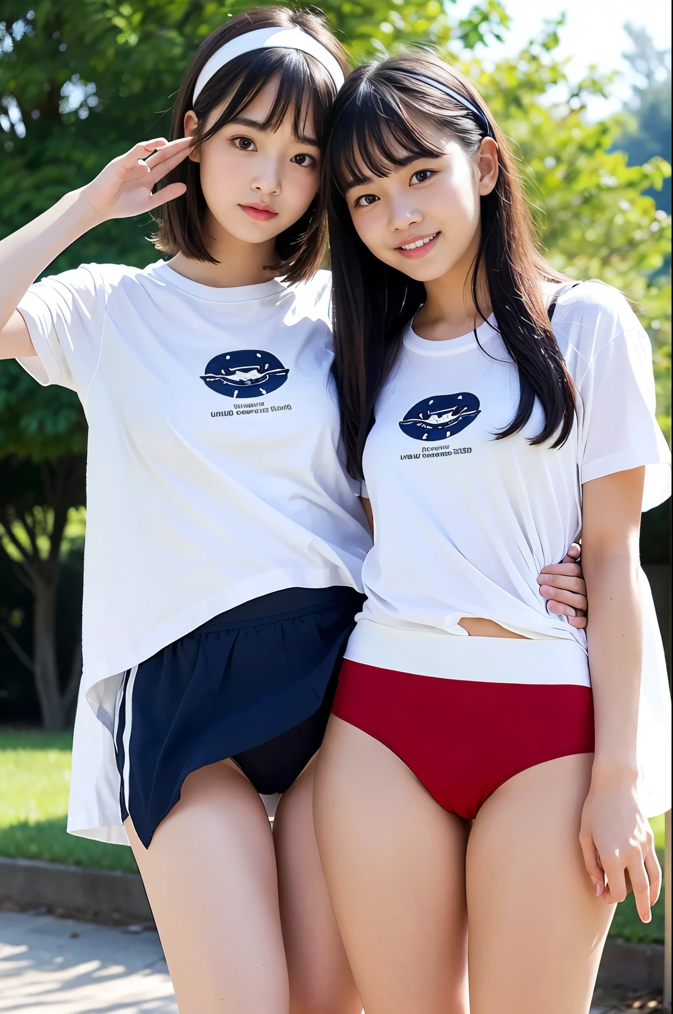 two girls standing in the park,Plain white school gym shirt with navy blue trim,Navy blue speed briefs,Red headband,White headband,18-year-old,bangs,The mouth is half open,Thighs,knees,Straight hair with barrette,From below,Front light, White panties visible through the skirt、((Lift the hem of the skirt with both hands to reveal the panties))、The simple cuteness of a celebrity-like face