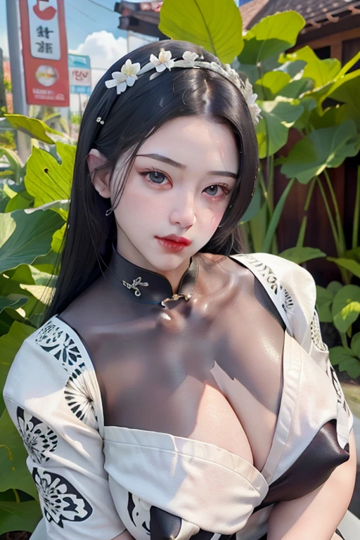 (White Printed Cheongsam),1 girl, (arms behind back:1.1),(Realistic:1.7),((Best Quality)),absurderes,(超A high resolution),(Photorealistic:1.6),Photorealistic,Octane Render,(hyper realisitic:1.2), (Photorealistic face:1.2), (8K), (4K), (masutepiece),(Realistic skin texture), (Illustration, Cinematic lighting,Wallpaper),( Beautiful eyes:1.2),((((Perfect face)))),(cuanding),(Black hair),Black eyes,Red lips, (Outdoors),(voluptuous breasts:1.2)