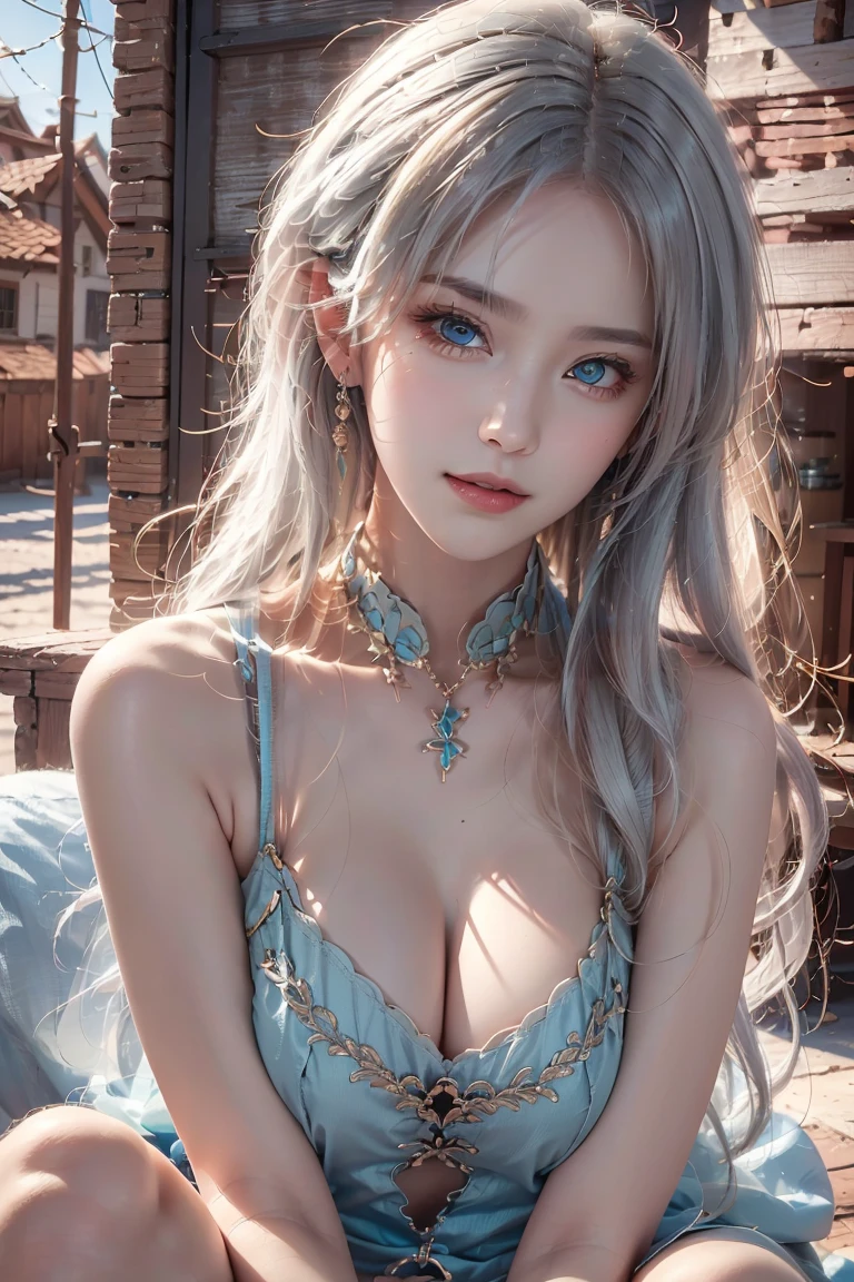((Bare shoulders)), cleveage, Large Breasts, , (Shot in the knee), (Surreal), (illustration), (Resolution enhancement), (8K), (Very detailed), (Best illustration), (Beautiful and delicate eyes), (best quality), (Very detailed), (masterpiece ), ( wallpaper), (Delicate face),A blonde, curls,(High top fade in and out:1.3), (Smile brightly, Bright appearance), Dark theme, Soothing tone, Soft colors, High contrast, (Natural skin texture, Surrealism, Soft Light, impatient),Exposure Blending, Medium shot, Bokeh, (Human Development Report:1.4), High contrast, (Movie, Cyan and Orange:0.85), (Soft colors, fade, Soothing tone:1.3), High Saturation, (Very detailed:1.2),(Large Breasts :1.2)
