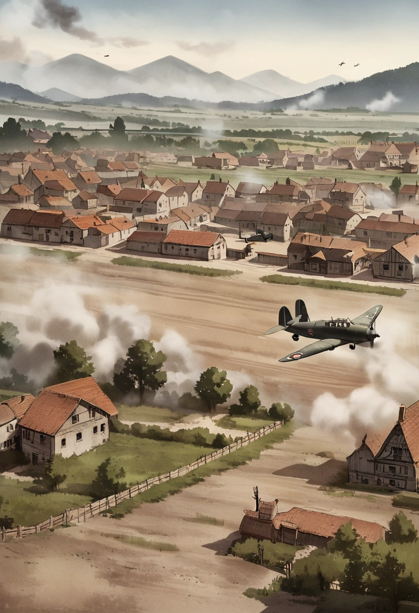 an old jet plane landing in a airfield, dusty, smokey, village background, world war 2
