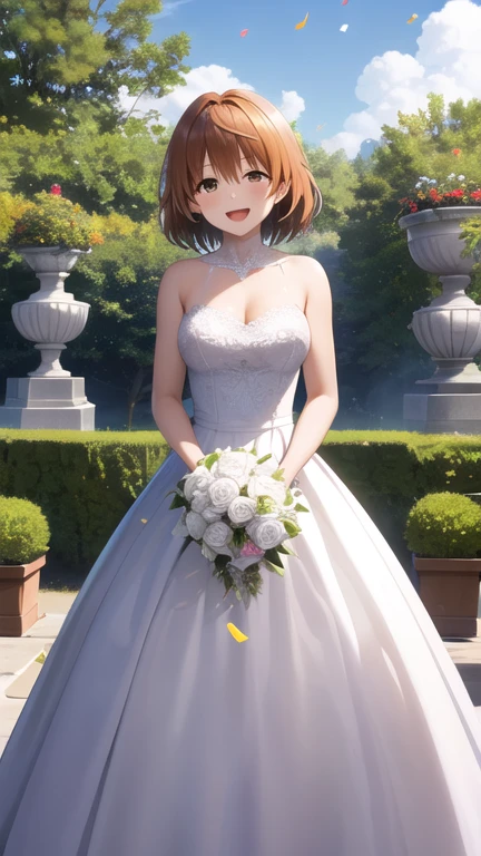 masterpiece, best quality, highres, aariko, short hair, brown eyes, wedding dress, garden, holding bouquet, smile, open mouth, confetti,