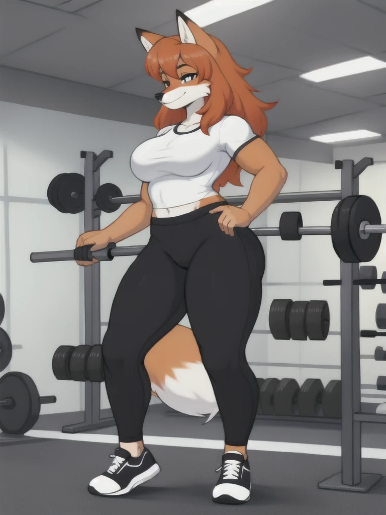 Furry, fox, female, white shirt, black leggings, shoes, gym, , full body