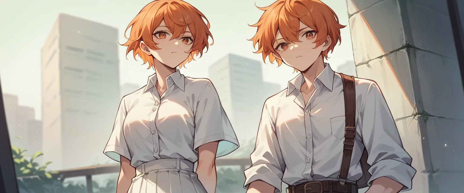 anime girl with white skirt and short orange hair and white button-down shirt with an accessory on the neck.