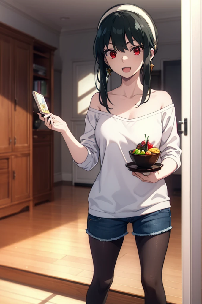 Yorbraia, Yor Briar, Black Hair, (Red eyes:1.5), Earrings, gold hair band, hair band, Long Hair,  (Medium chest:1.2), happy smile, smile, Open your mouth,Oversized one-shoulder t-shirt,Shorts,Black pantyhose,short boots,,whole bodyがイラストに入るように,Walking,food, drink, Tables and chairs, cleaning, tray, tray in one hand
break indoors,room,living,
break looking at viewer, whole body,
break (masterpiece:1.2), Highest quality, High resolution, unity 8k wallpaper, (figure:0.8), (Beautiful attention to detail:1.6), Highly detailed face, Perfect lighting, Highly detailed CG, (Perfect hands, Perfect ),