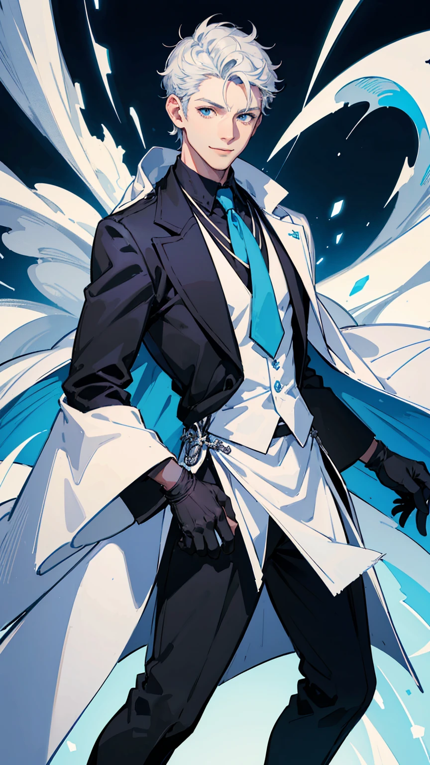 ung man,solo, male photo, confident smile,silver hair, ((short hair)), (short sideburns),light blue eyes, slant eyes,anatomically correct,blue ribbon tie,black gloves,white cloak,black suit,beautiful japanese style background,best quality, high quality,masterpiece, 8K 