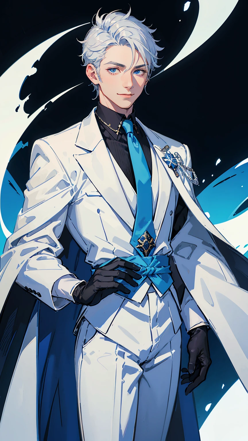 ung man,solo, male photo, confident smile,silver hair, ((short hair)), (short sideburns),light blue eyes, slant eyes,anatomically correct,blue ribbon tie,black gloves,white cloak,black suit,beautiful japanese style background,best quality, high quality,masterpiece, 8K 