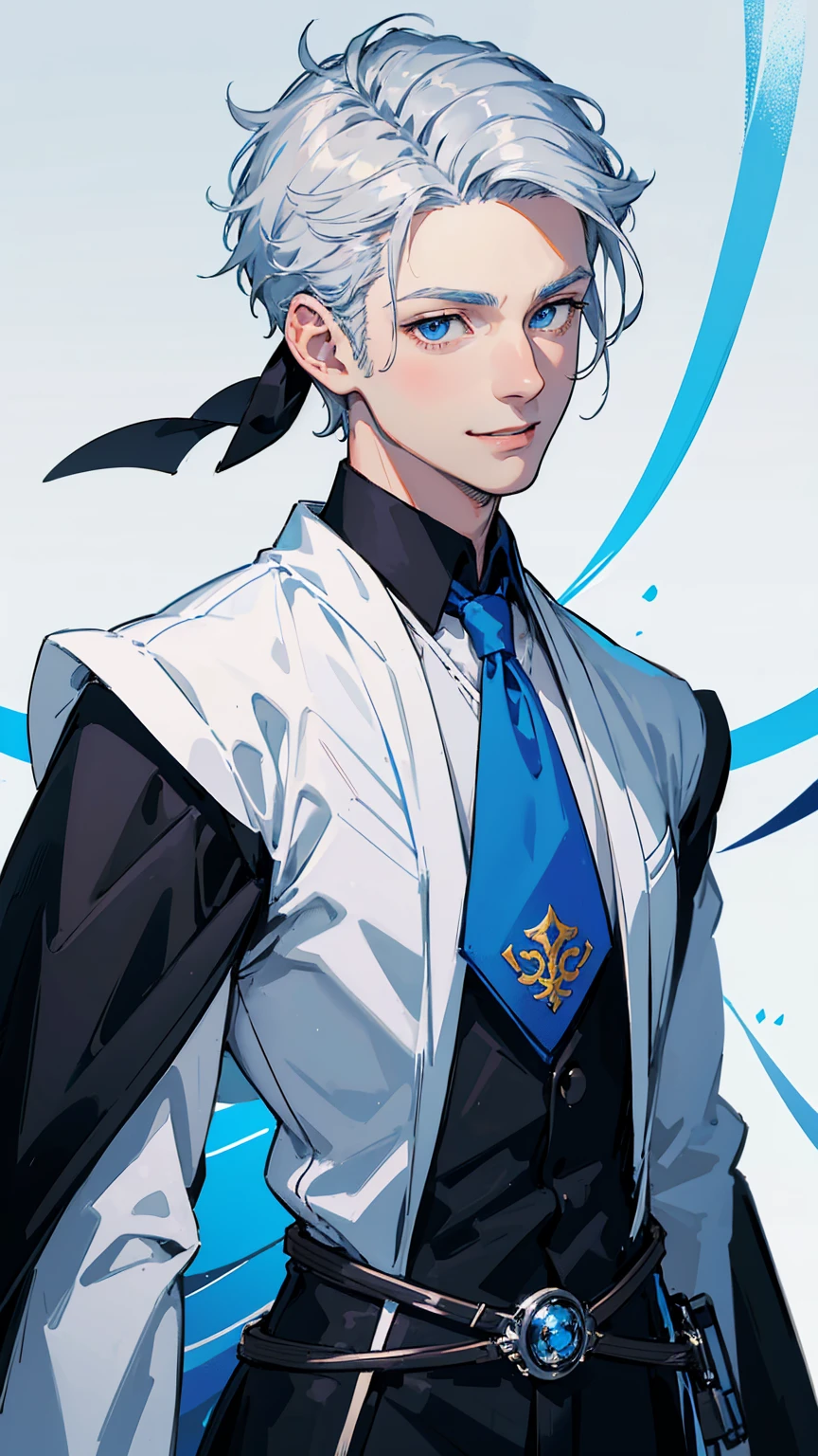 1young man,solo, male photo, confident smile,silver hair, ((short hair)), (short sideburns),light blue eyes, slant eyes,anatomically correct,blue ribbon tie,black gloves,white cloak,black suit,beautiful japanese style background,best quality, high quality,masterpiece, 8K