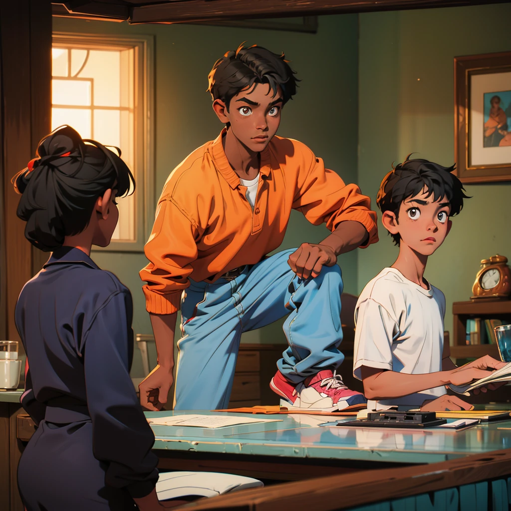 A 13-year-old dark-skinned boy is in a house with his parents and the boy is playing and his parents are not paying attention to him.