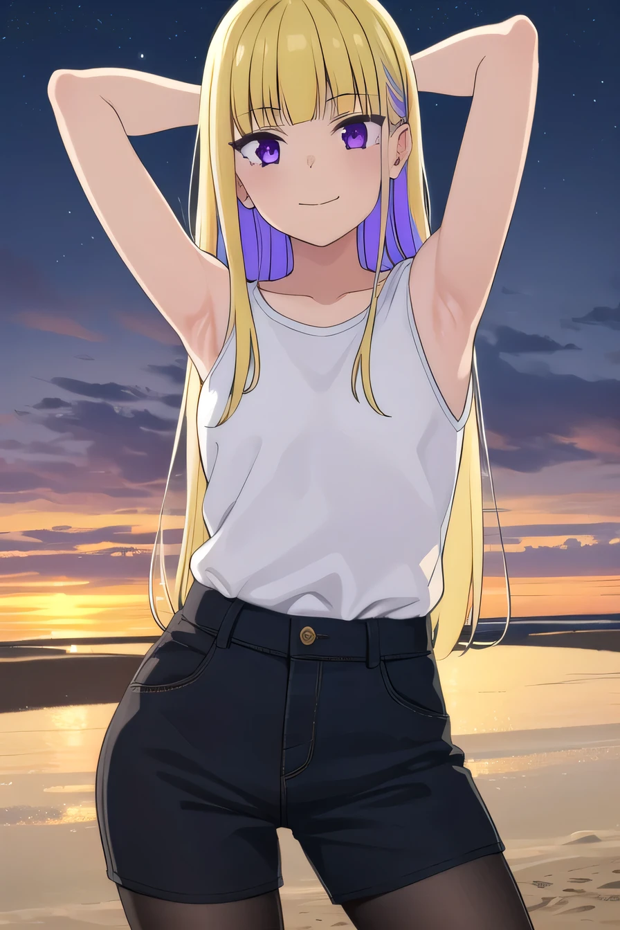reimiitsushiro, long hair, bangs, blonde hair, (purple eyes:1.1), purple hair, ahoge, multicolored hair, blunt bangs, two-tone hair, smile,
BREAK black shorts, white undershirt , pantyhose, sleeveless,
high quality, solo, 1girl, night sky, beach, arms behind head, (contrapposto), closed mouth, spread armpits, (cowboy shot:1.5), looking at viewer, best quality, smile,
BREAK (masterpiece:1.2), best quality, high resolution, unity 8k wallpaper, (illustration:0.8), (beautiful detailed eyes:1.6), extremely detailed face, perfect lighting, extremely detailed CG, (perfect hands, perfect anatomy),