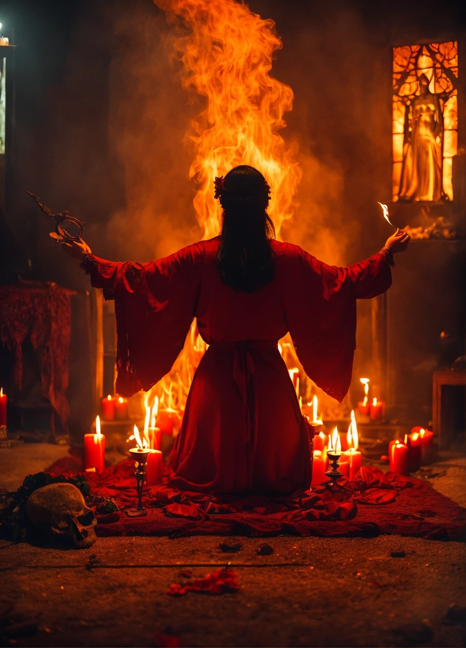 a person performing forbidden rites to summon the devil, creepy vibes, spirits