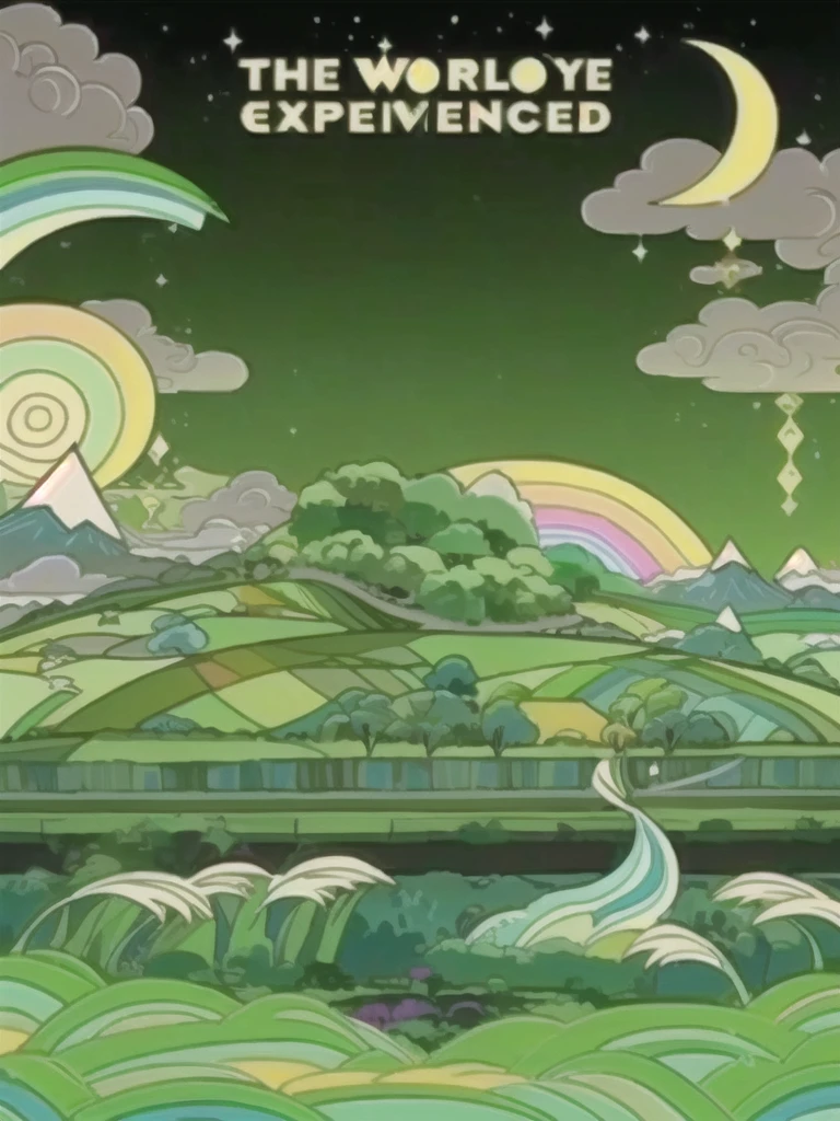 A cartoon illustration of a green landscape with a rainbow and sky, Stills from Rainbow Ophanim, Animation movie stills, Animation stills, Opening, psychedelic landscape, Animation stills, screenshot, An imagined life, Katama, Psychedelic illustration, Intricate rainbow environment, Background artwork, film still from an cartoon, at night