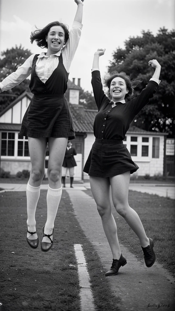 People in 1917 jumping for joy black and white image
