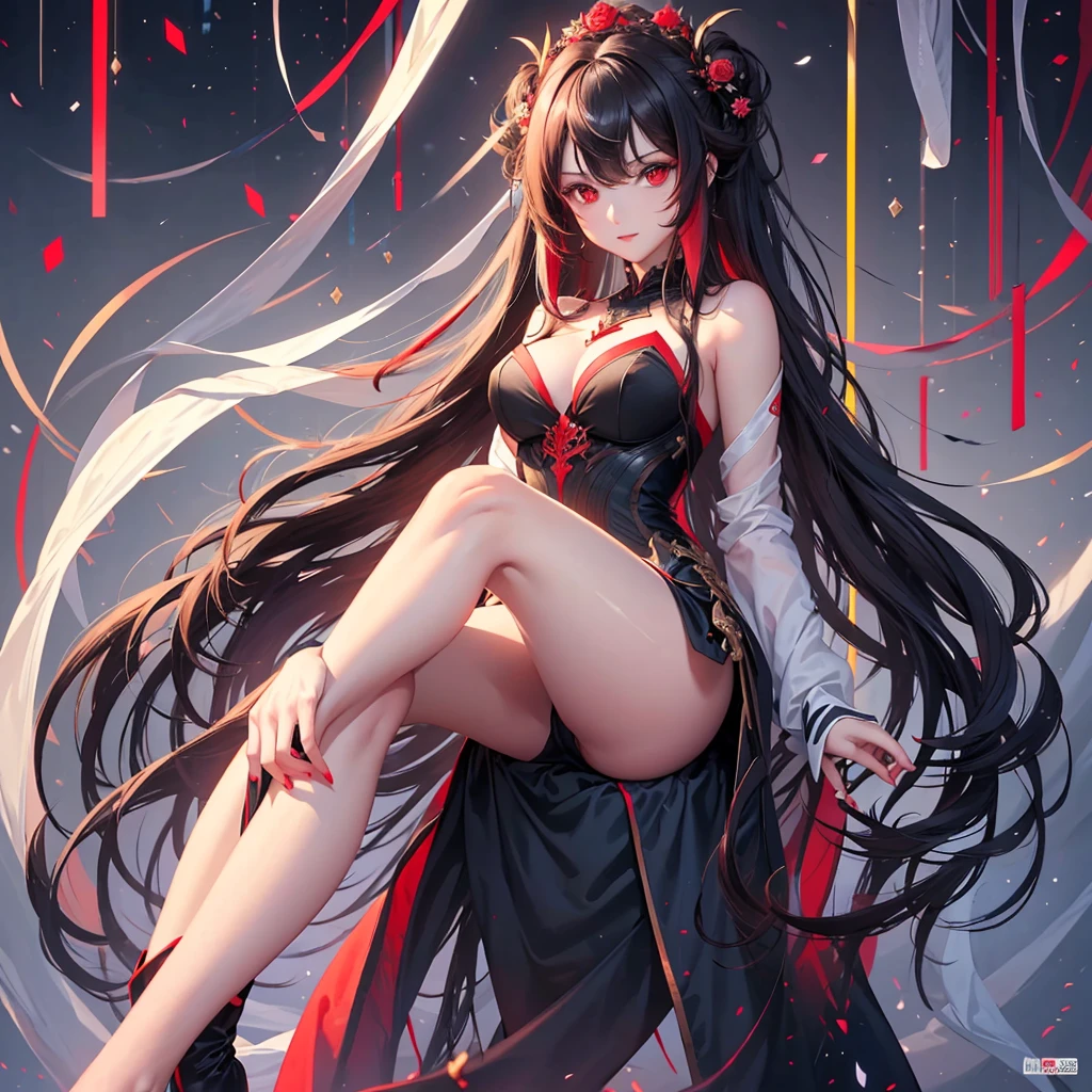 ((highest quality)), ((masterpiece)), (Get used to it), Perfect Face , beautiful girl , Medium breast , Long and beautiful black wavy hair with red highlights , Beautiful red eyes , 