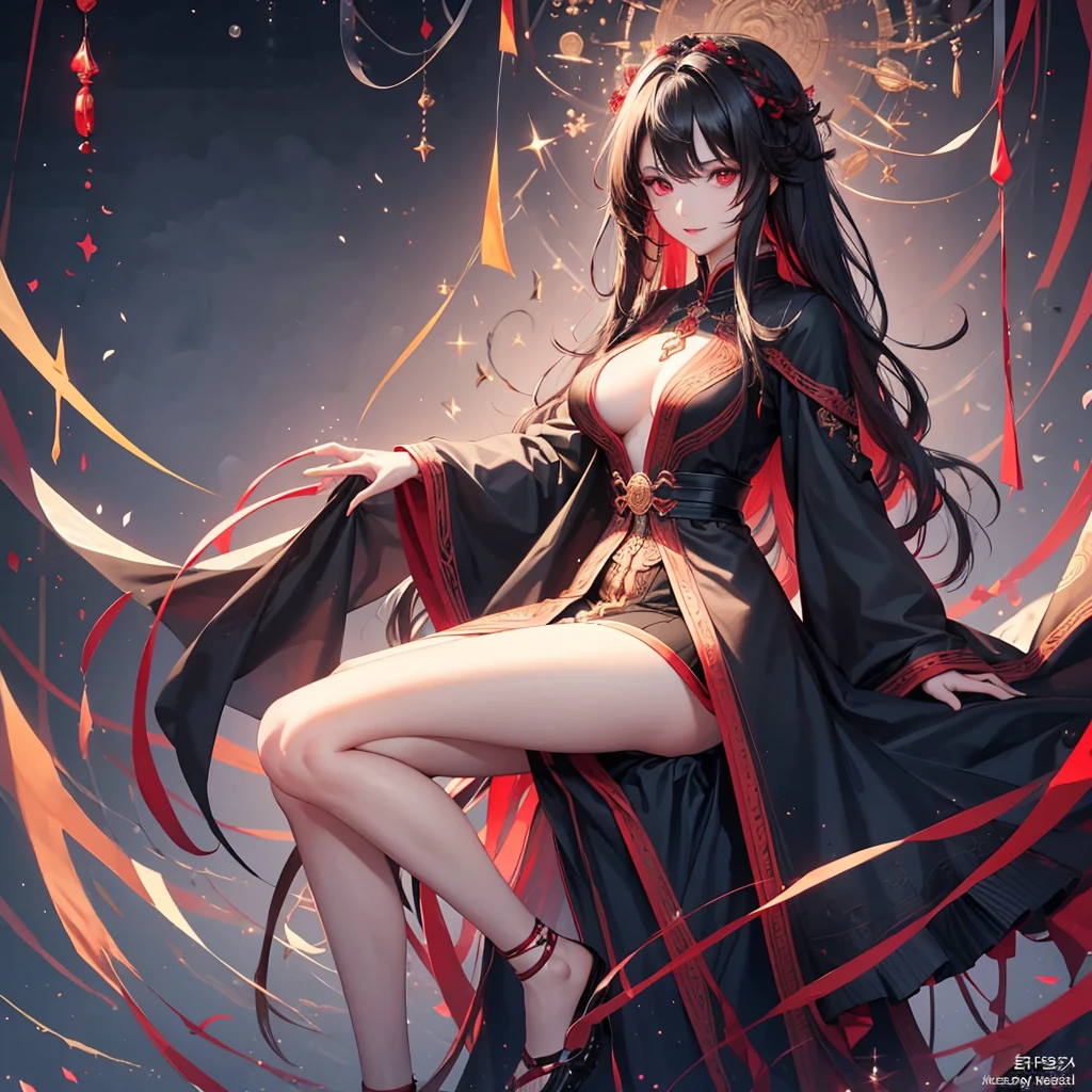 ((highest quality)), ((masterpiece)), (Get used to it), Perfect Face , beautiful girl , Medium ?????? , Long and beautiful black wavy hair with red highlights , Beautiful red eyes , 