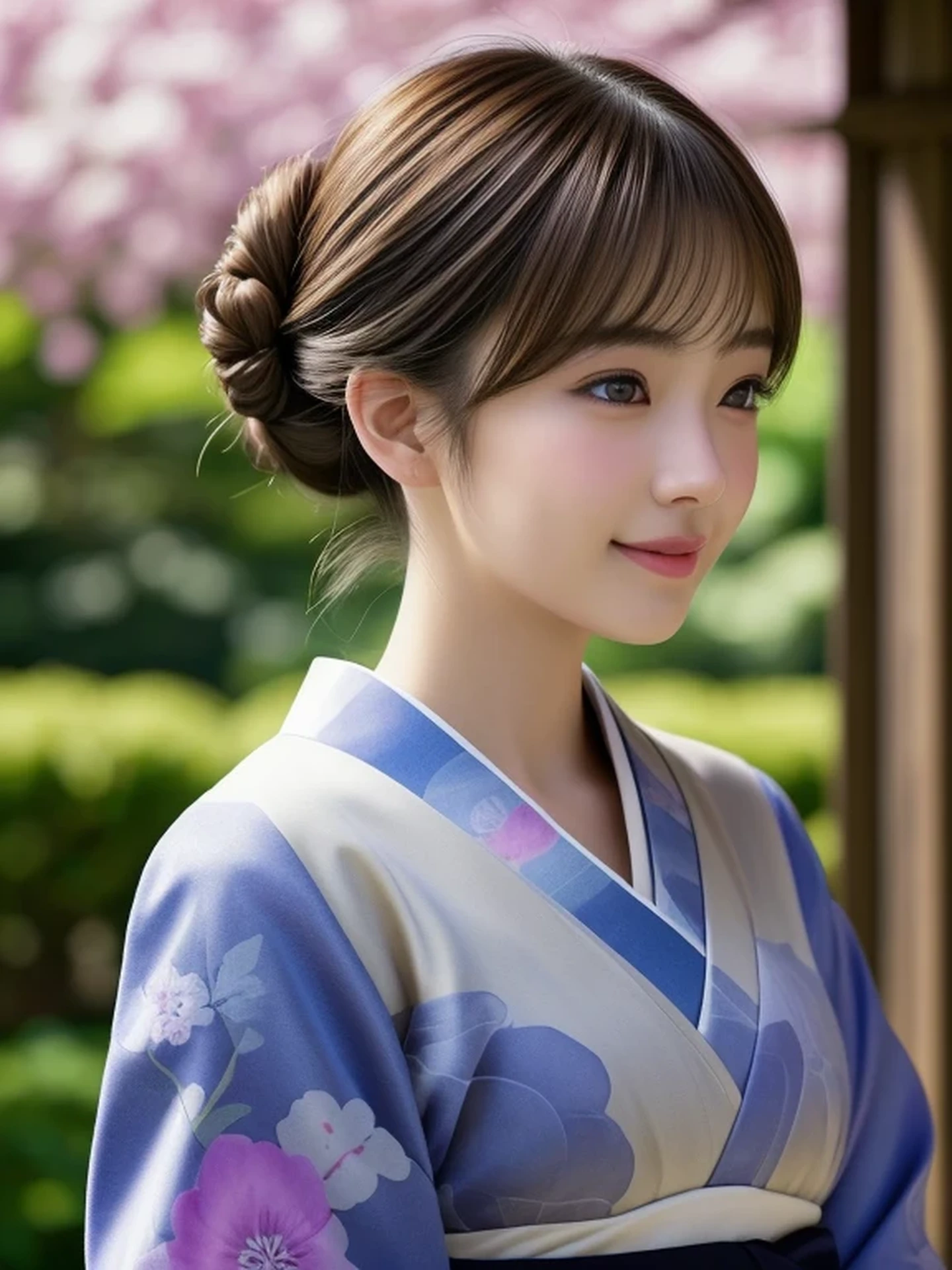 1 Japanese girl, (looking away:1.4), (upper body shot:1.2), Beautifully detailed eyeballs, catchlight in the eyes, Realistic digital painting of a woman portrait, Shy, Cute, happy smile, brown eyes, (half updo,:1.1), (light brown brunette hair:1.3), (Highly detailed skin:1.2), Mystical style, Global Illumination, Traditional Japanese floral printed Kimono, A silk kimono with a deep indigo base.