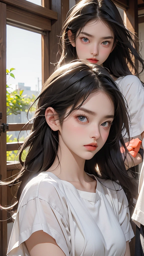 Create an image of a stunning beauty who is half French and half Japanese. She has an exceptionally beautiful face, with striking blue eyes and long, straight blonde hair. She wears a cute dress and has a furrowed brow expression, as if expressing anger and dissatisfaction. Her arms are crossed, and she appears upset. The second person is a man with black hair and long bangs. He wears a T-shirt and denim. His expression looks sad. The composition should depict both of them in an upper body close-up, engaged in an argument. The beauty should be on the right, and the man on the left, facing each other and arguing. Their eyes meet, and they exchange heated words. The background is a room
