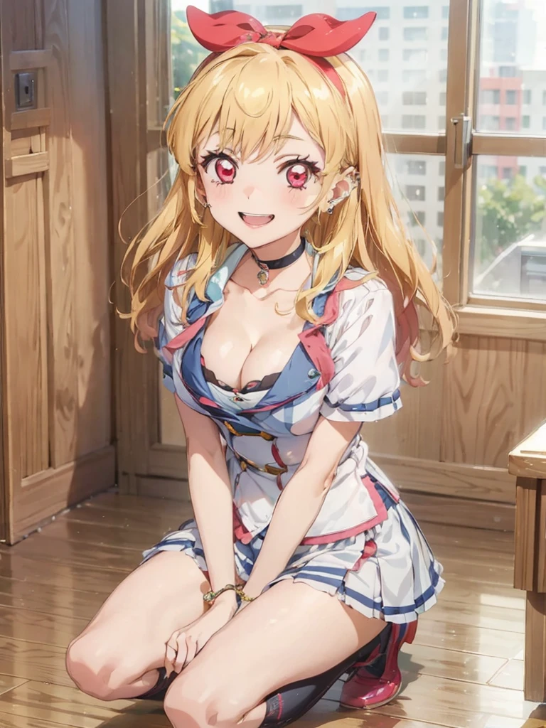 a beautiful female nurse kneeling in a hospital, dressed in nurse's uniform, 1girl, nurse, breasts, nurse cap, solo, blonde hair, thighhighs, cleavage, smile, choker, large breasts, long hair, red eyes, looking at viewer, hat, kitagawa marin, jewelry, black choker, black thighhighs, grin, earrings, piercing, ear piercing, bangs, collarbone,Marin Kitagawa ,Ichigo Hoshimiya (Aikatsu!),lol_i