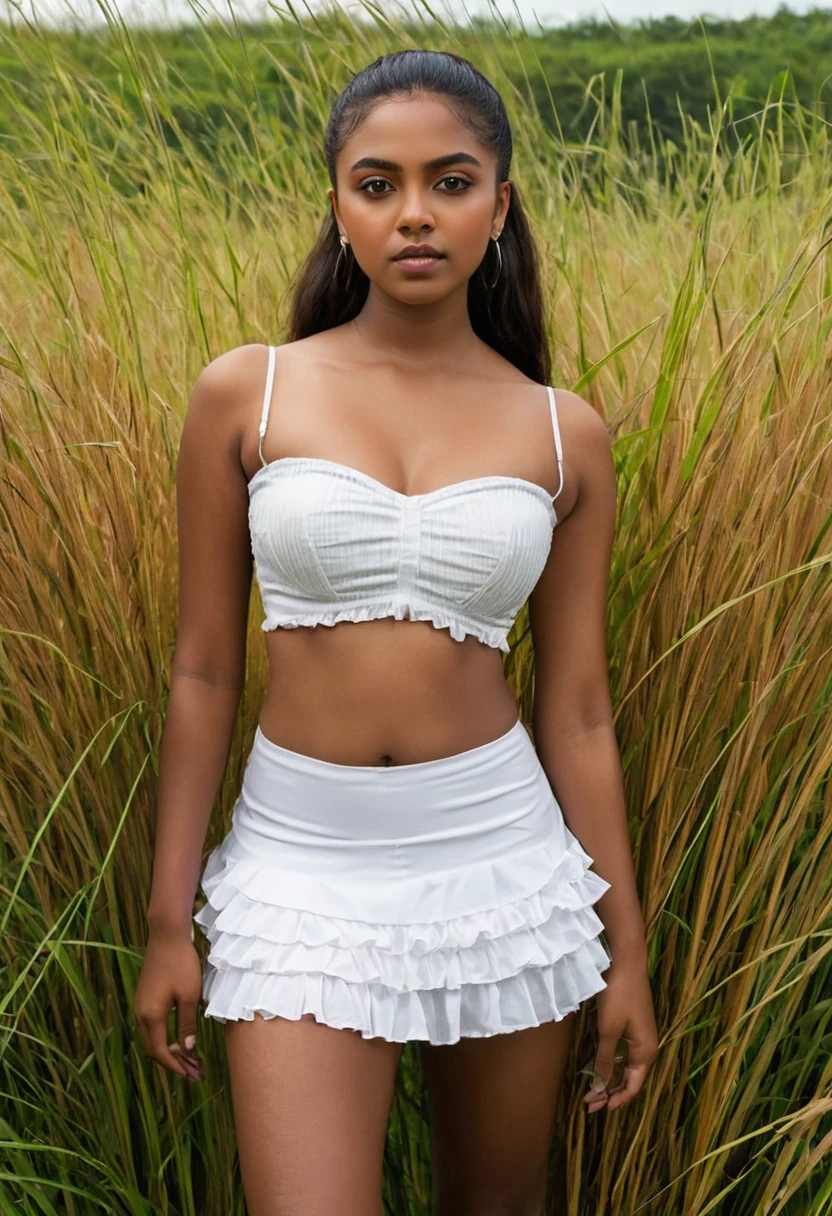  woman, 20 years old, flat breast,((half body)), ((portrait)), dark skin, standing beneath tall grass, thick thigh,  (high skin detail), short petticoat, extreme skin detail, masterpiece, photorealistic, 