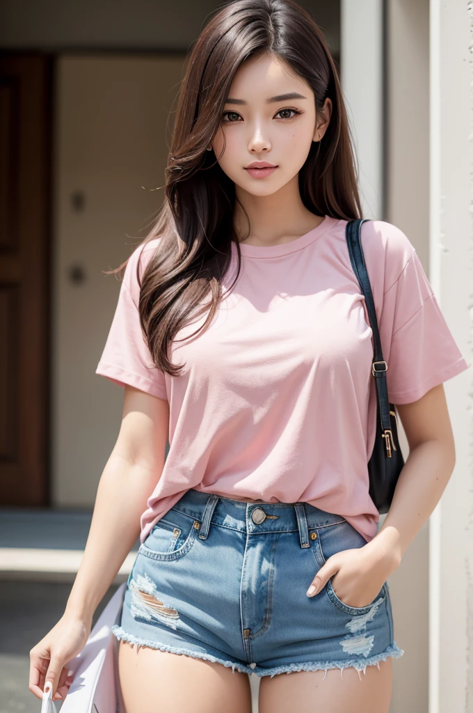 A beautiful and attractive human woman wearing a pink shirt and denim shorts