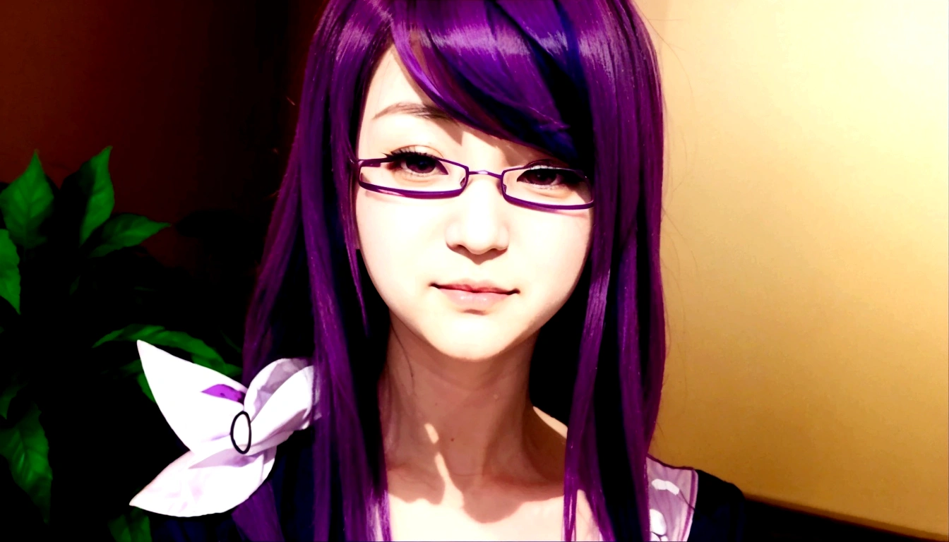 A closeup of a person with purple hair and glasses, Rize Kamishiro, she has purple hair, Rize Kamishiro miura, Rize Kamishiro, Rize Kamishiro, as anime character, Rize Kamishiro style, Rize Kamishiro, Chica anime llamada Rize Kamishiro, Rize Kamishiro, Rize Kamishiro, Rize Kamishiro