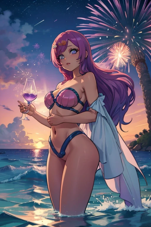 A pink haired female mermaid with violet eyes and an hourglass figure in violet shells and a pink mermaid tail is watching fireworks at night in the waves