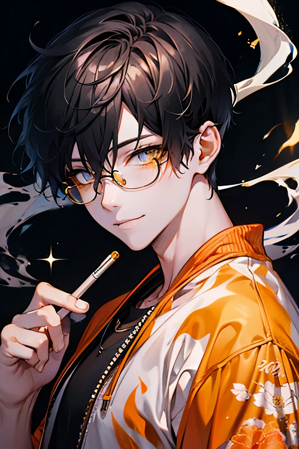 Beautiful young men's,black hair, marble color eyes,(muscle),Shiny Sparkling eyes,Colorful floral short-sleeved sweatshirt,(smokes),Dilapidated cityscape, smoke,high quality, amount of drawing, pixiv illustration,beautiful image,perfect pixiv,upper body,smile,glasses,(White,yellow,orange,black)