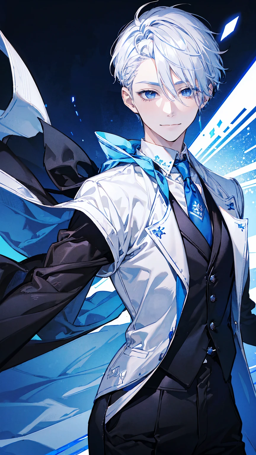 1young man,solo, male photo,confident smile, silver hair, ((short hair)), (short sideburns),light blue eyes, slant eyes,anatomically correct,blue ribbon tie,((black gloves)),((white cloak)),black suit,beautiful japanese style background,best quality, high quality,masterpiece, 8K 
