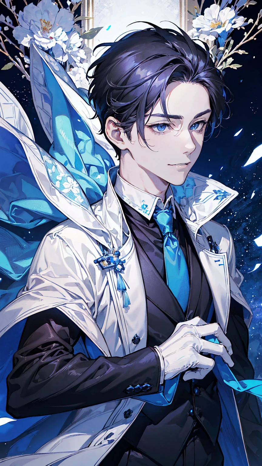1young man,solo, male photo,confident smile, silver hair, ((short hair)), (short sideburns),light blue eyes, slant eyes,anatomically correct,blue ribbon tie,((black gloves)),((white cloak)),black suit,beautiful japanese style background,best quality, high quality,masterpiece, 8K 