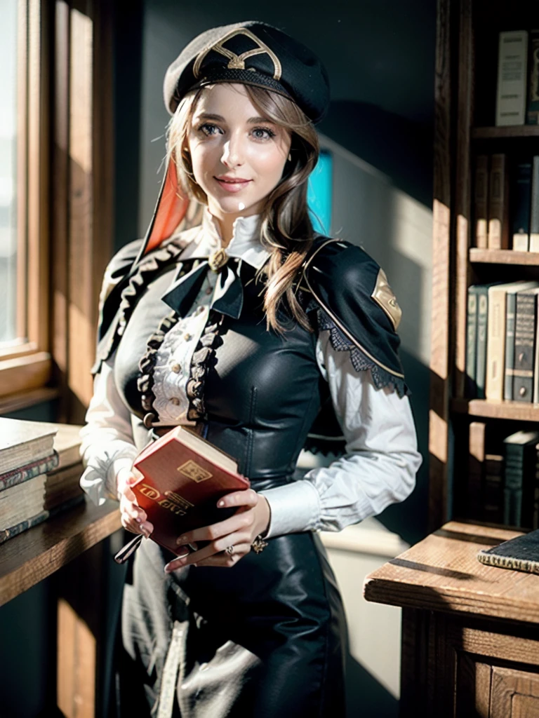 (realistic:1.3), finely detailed, quality, rembrandt lighting, (masterpiece:1.2), (photorealistic:1.2), (best quality), (detailed skin:1.3), (intricate details), dramatic, ray tracing, 1girl, german girl, 21 years old, detailed skin texture, (blush:0.5), (goosebumps:0.5), subsurface scattering, smiling, medium breasts, warMercedes, beret, veil, see-through, short hair, blue ascot, yellow shirt, lace trimmed shirt, brown long frilled dress, cowboy shot, (bright sunny day, indoors, european study room, wooden furniture, desk, books),  