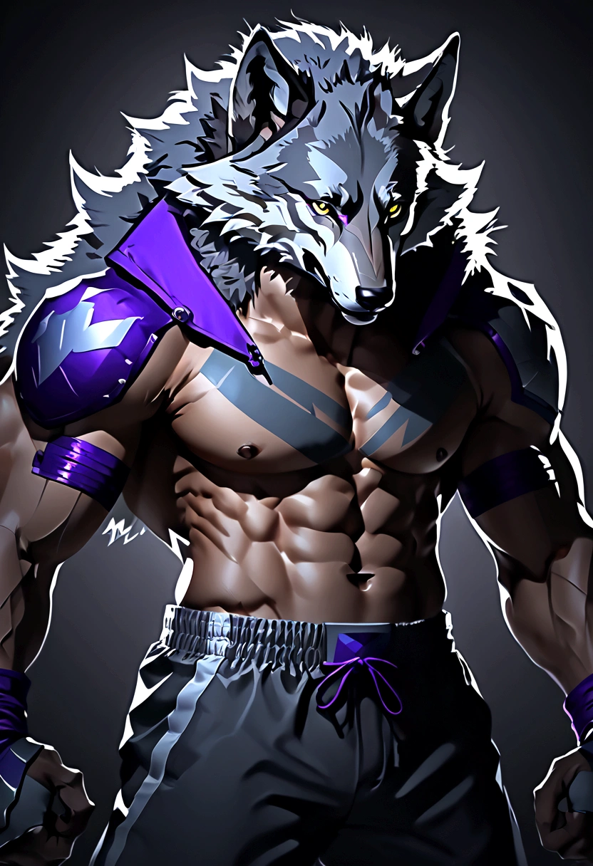 4K, high resolution, best qualityer, perfect colors, perfectly shadowed, perfect lighting,velues, anthropo, velues art, male wolf, gray wolf, (two tone skin), hairy bodies, purples eyes, (seducing gaze), body skinny, perfect male figure, Wear men's boxing pants, Abdomen, skin detailed, face detailed, detailed back ground, wolf tail, (detailedeyes), perfect pupils