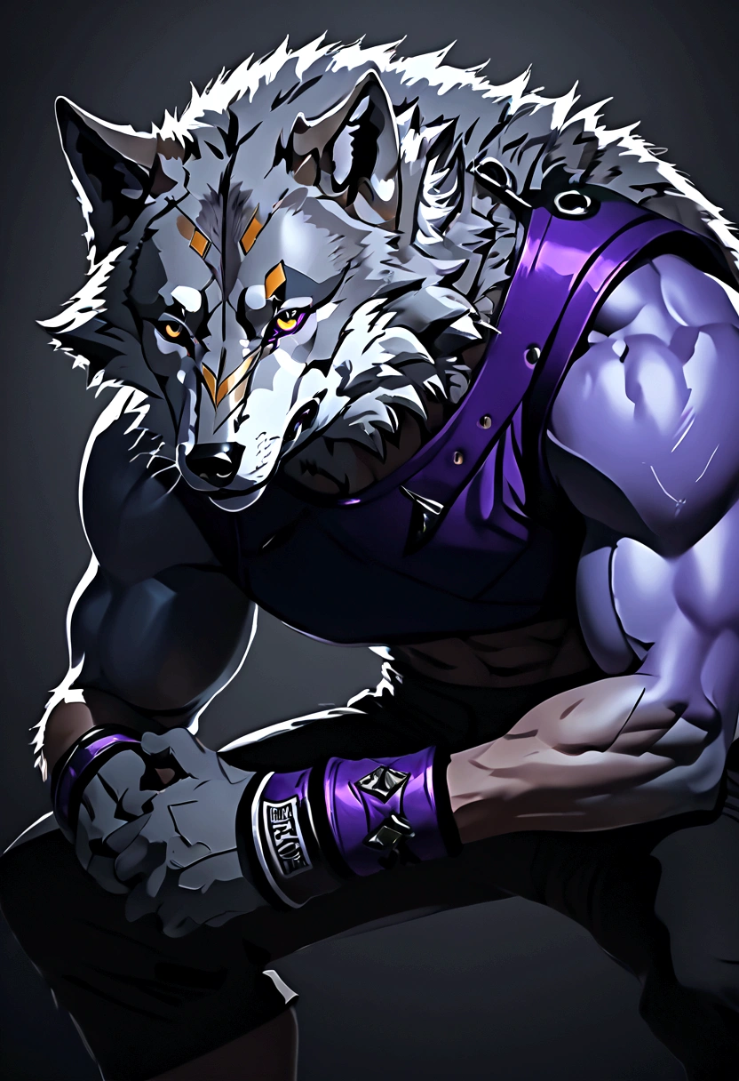 4K, high resolution, best qualityer, perfect colors, perfectly shadowed, perfect lighting,velues, anthropo, velues art, male wolf, gray wolf, (two tone skin), hairy bodies, purples eyes, (seducing gaze), body skinny, perfect male figure, Wear men's boxing pants, Abdomen, skin detailed, face detailed, detailed back ground, wolf tail, (detailedeyes), perfect pupils