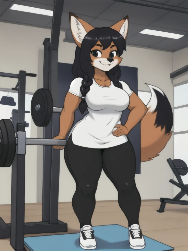 Furry, fox, female, white shirt, black leggings, shoes, gym, teen, full body
