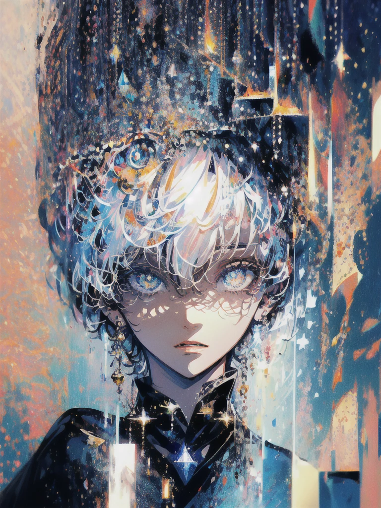 ((masterpiece, highest quality, Super detailed, High resolution)), alone, beautiful girl, shining eyes, perfect eyes, , black white gold theme,