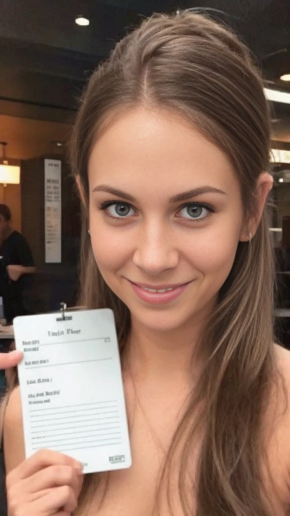 nude:1.2 skinny brown haired waitress:.5, blue eyes, high ponytail, crowded restaurant, holding pen and notepad, night, , 20yo,