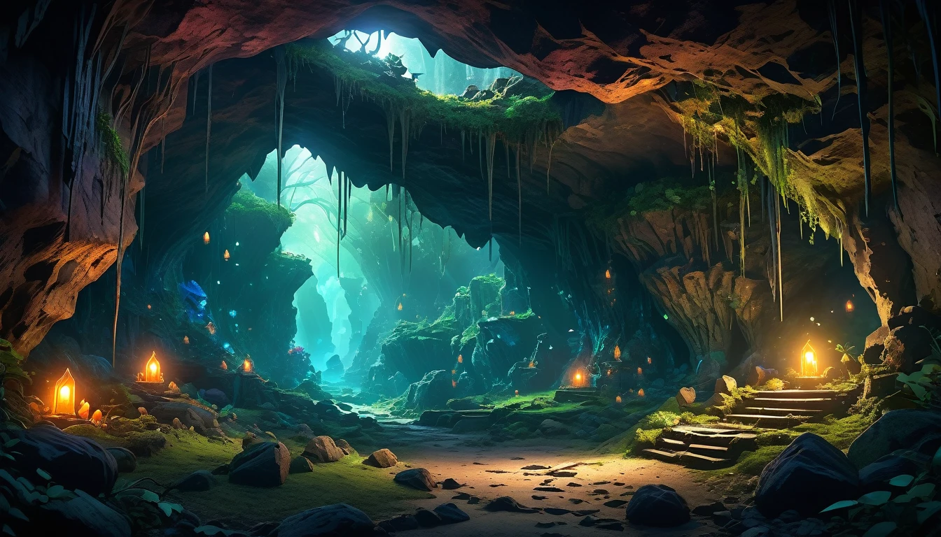 (anime, fantasy), (best quality, high resolution, depth of filed, HDR:1.2), (goblin cave, dark cave, cavern interior, isolated cave, bones scattered, mysterious, dark hue), fantastical landscapes, vibrant colors, spooky, dark enchanted, dangerous atmosphere, beautiful, extremely detailed, intricate, delicate, serene fantasy, light filtering through the trees, bokeh, cinematic lighting, 8k, high quality