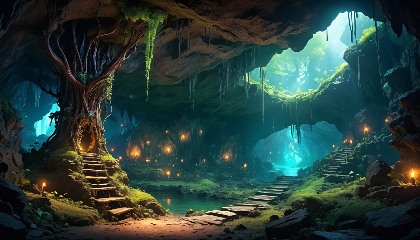 (anime, fantasy), (best quality, high resolution, depth of filed, HDR:1.2), (goblin cave, dark cave, cavern interior, isolated cave, bones scattered, mysterious, dark hue), fantastical landscapes, vibrant colors, spooky, dark enchanted, dangerous atmosphere, beautiful, extremely detailed, intricate, delicate, serene fantasy, light filtering through the trees, bokeh, cinematic lighting, 8k, high quality
